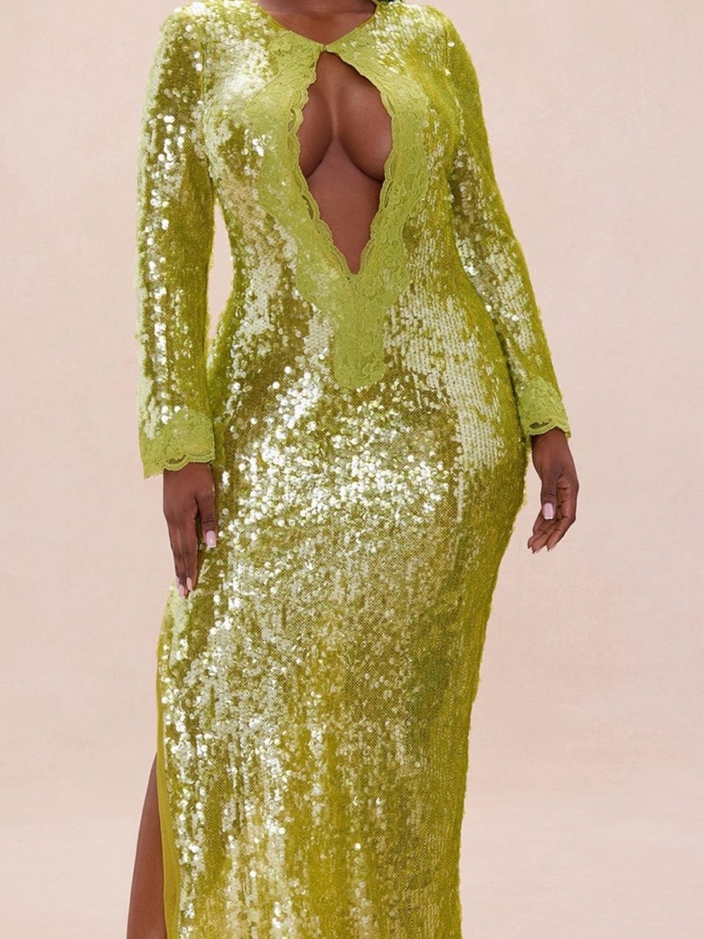 Fashion Nova Lime Green Sequin Plunge Maxi Dress